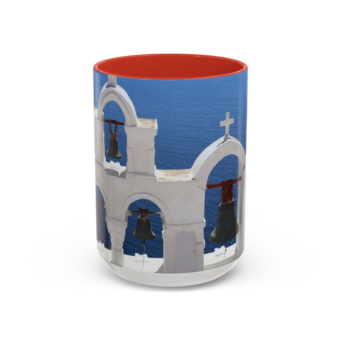 Santorini Bell Towers coffee mug | Greek island scene, blue sea accent mug