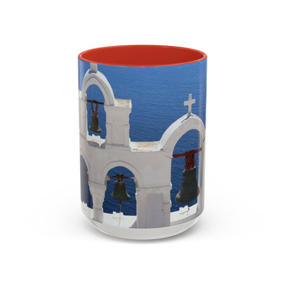 Santorini Bell Towers coffee mug | Greek island scene, blue sea accent mug