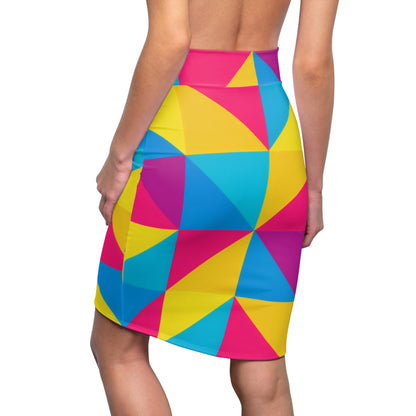 Geometric Colorblock Pencil Skirt — Neon Pink, Yellow & Cyan AOP