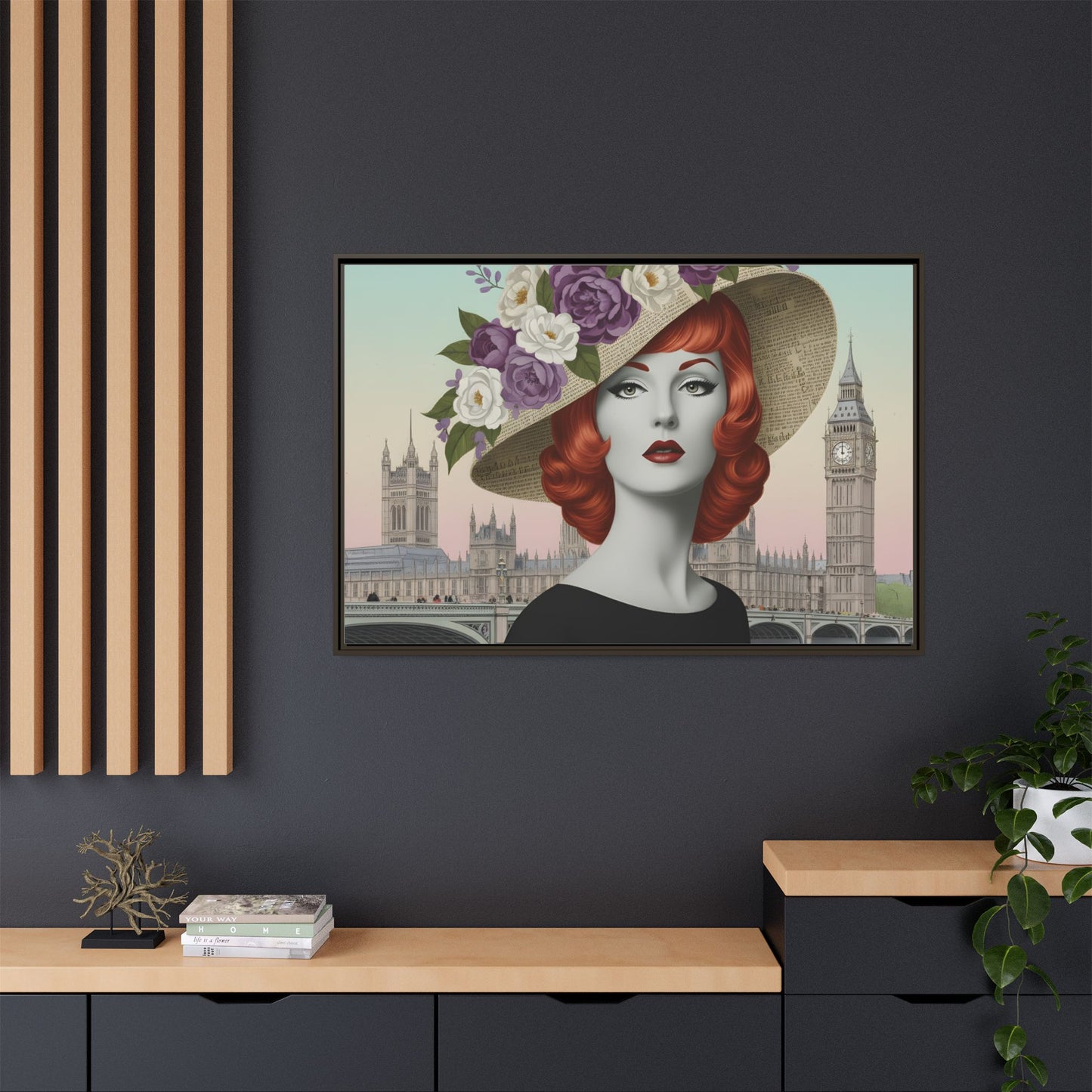 Elegant vintage pop art woman in front of Big Ben in London Matte Framed Canvas