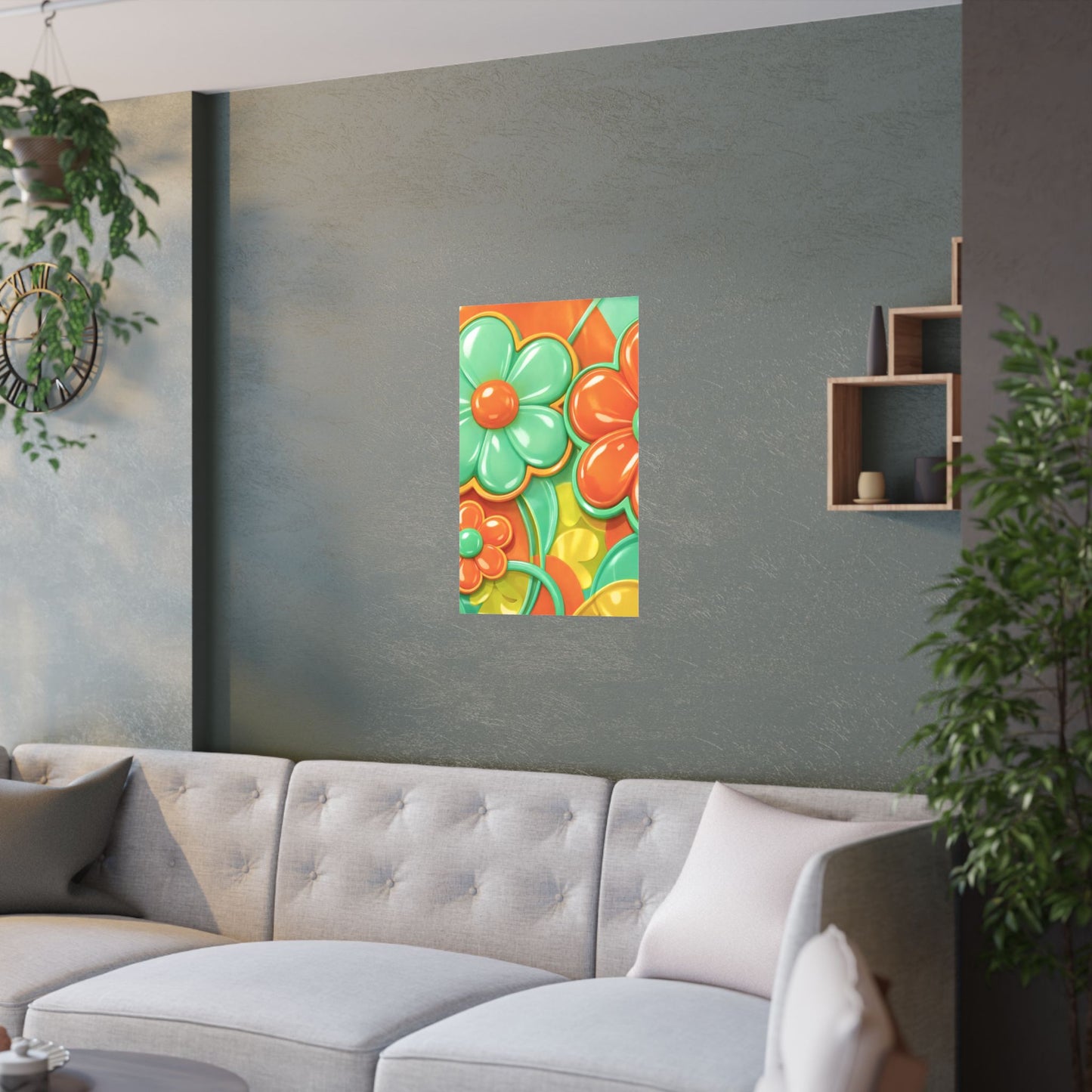 Retro Orange Teal Flower Pattern Poster | Satin Poster