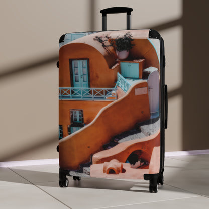 Santorini Orange Architecture Suitcase, Oia Greece Terracotta Travel Luggage, Mediterranean Vacation Bag, Unique Artist Design Cabin Bag