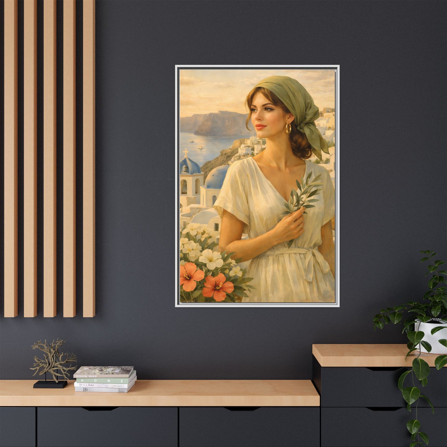 Oia Santorini Greek Woman Portrait — Romantic Vintage Framed Matte Canvas Art