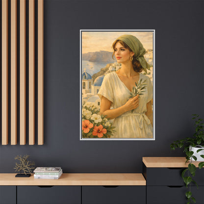Oia Santorini Greek Woman Portrait — Romantic Vintage Framed Matte Canvas Art