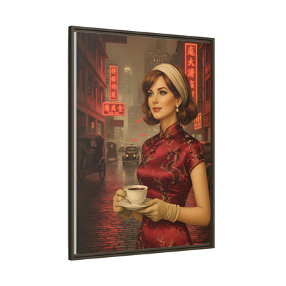 Elegant vintage woman drinking coffee on neon street in Hong Kong Canvas — Framed Matte Wall Art