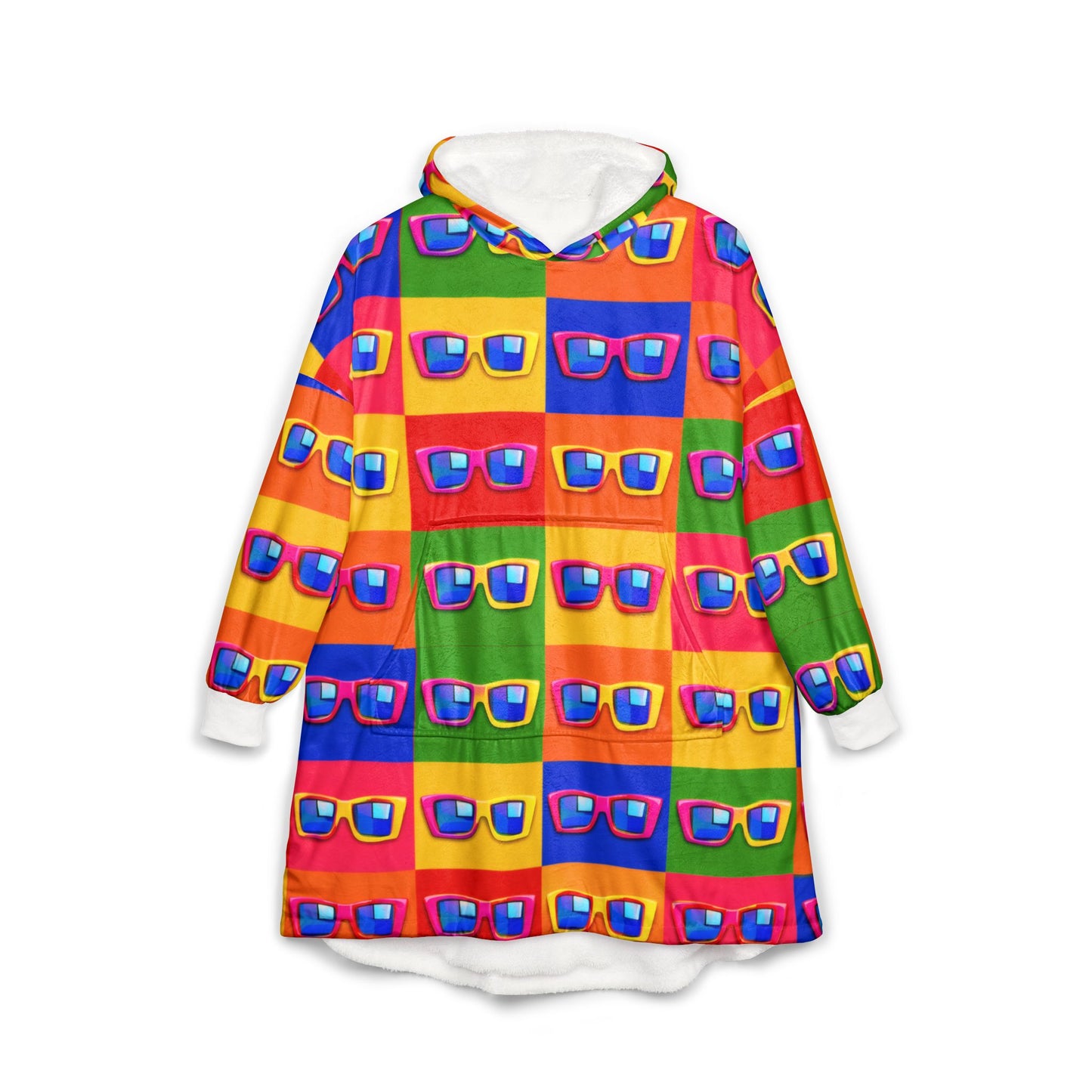 Colorful Pop Sunglasses Hooded Blanket — Retro Neon Pattern Cozy Throw