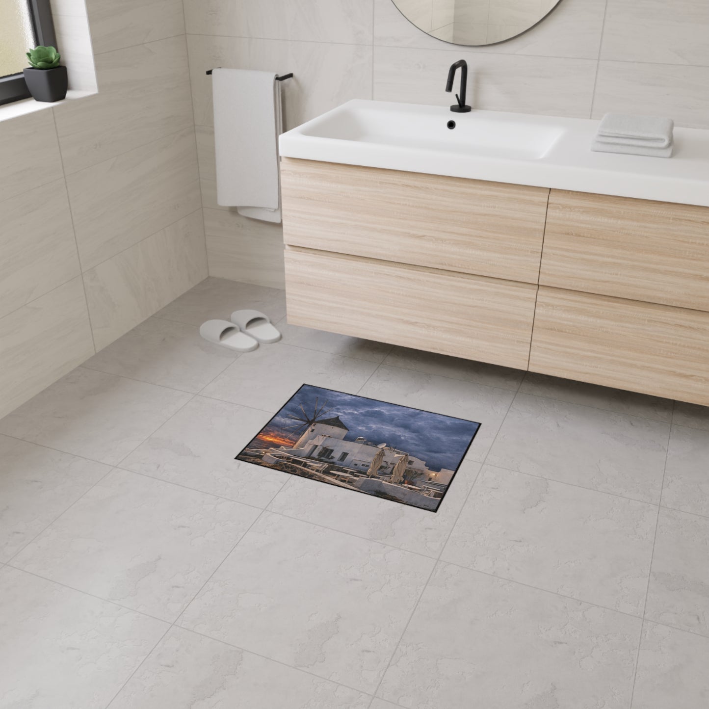 Oia Santorini Windmill Floor Mat — Mediterranean Coastal Sunset Home Decor