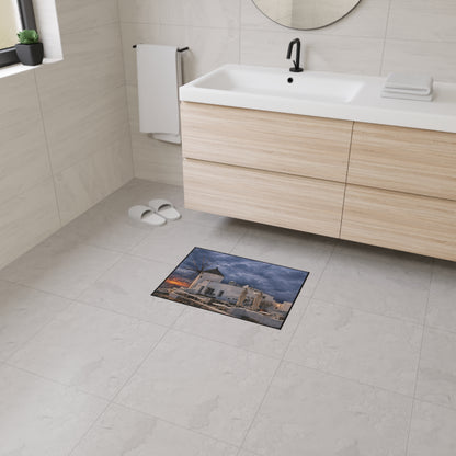 Oia Santorini Windmill Floor Mat — Mediterranean Coastal Sunset Home Decor
