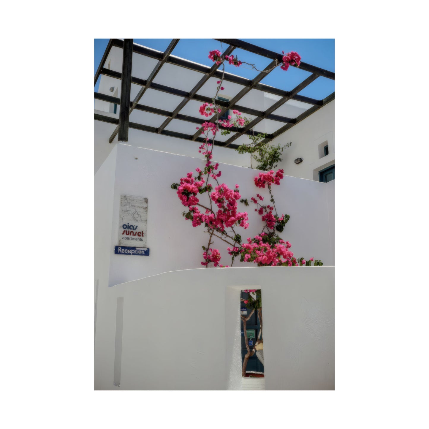 Santorini Bougainvillea Poster, Oia Greece White Architecture Art, Mediterranean Floral Wall Decor, Greek Island Photography Print Art Decor