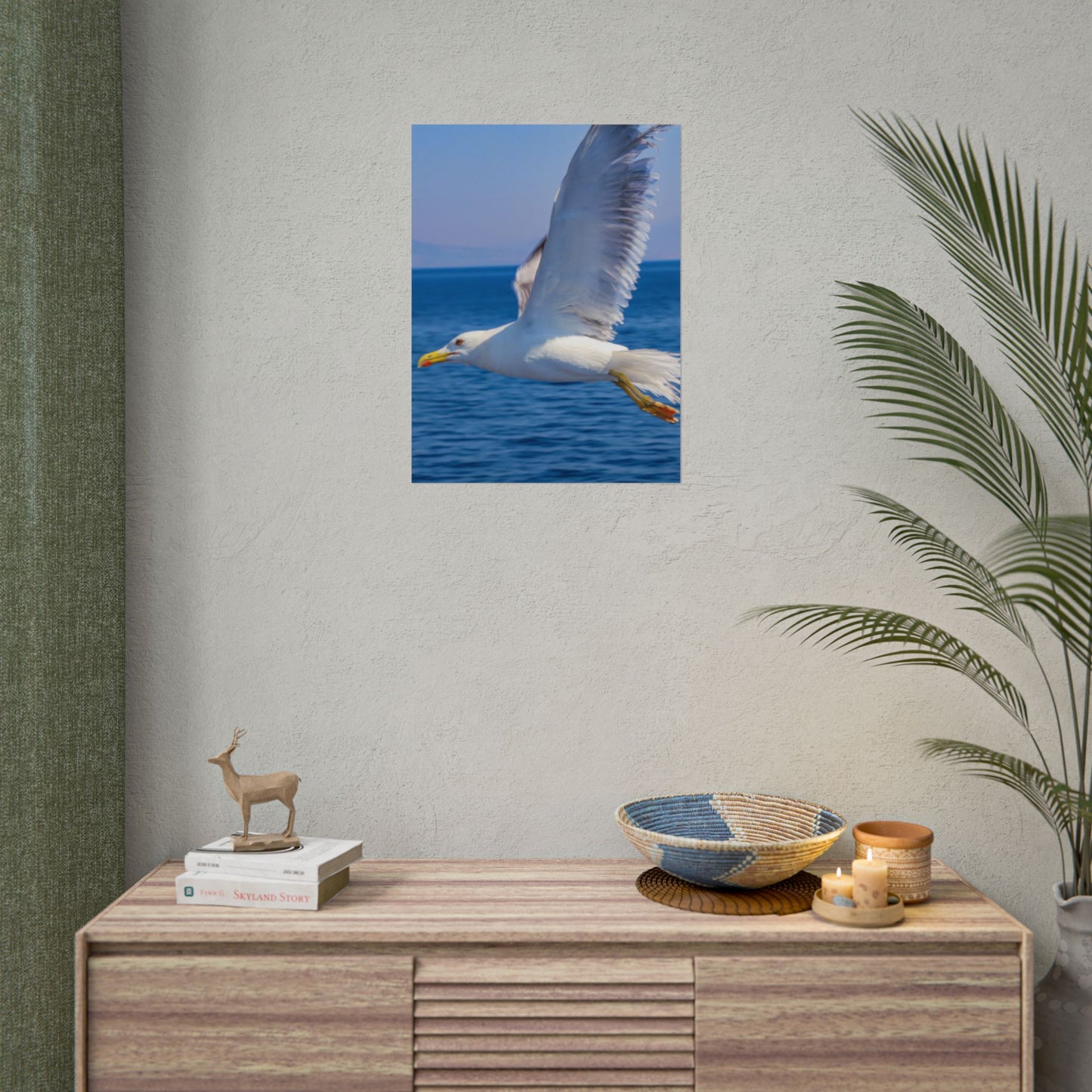 Seagull in Flight Poster, Ocean Blue Sea Wall Art, Coastal Bird Photography Print, Mediterranean Nautical Decor, Minimalist Beach House Art