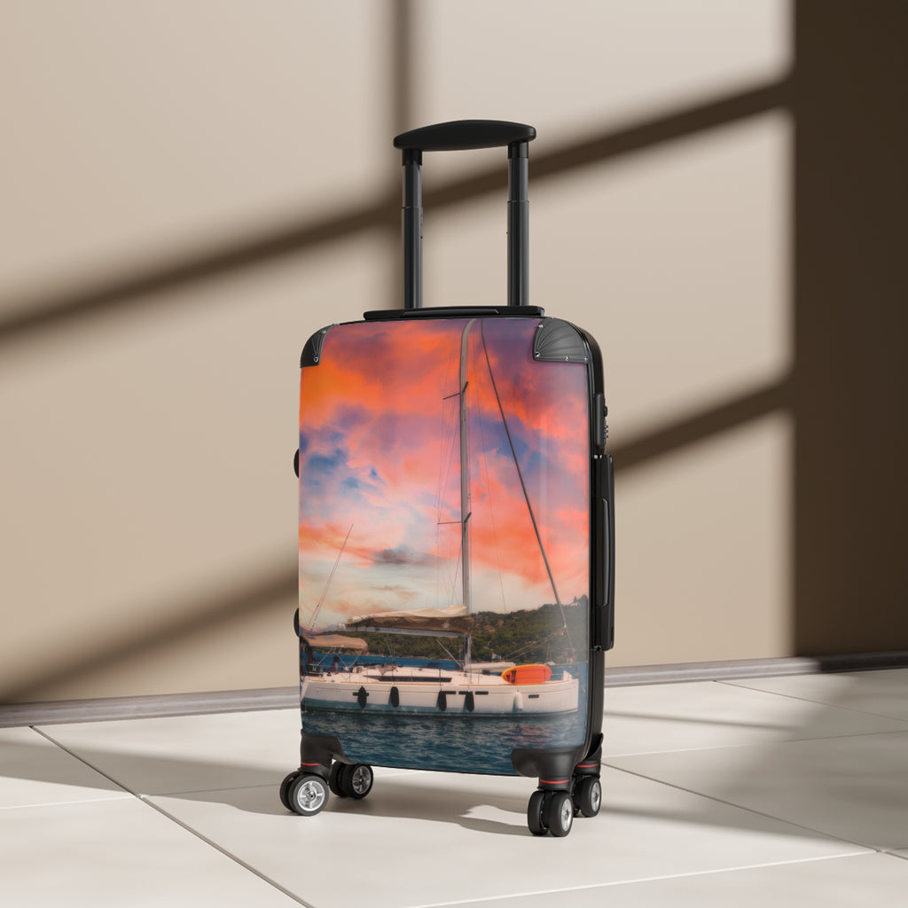Luxury Yacht Sunset Suitcase, Mediterranean Sailing Travel Luggage, Vibrant Orange Sky Vacation Bag, Nautical Artist Design Cabin Suitcase
