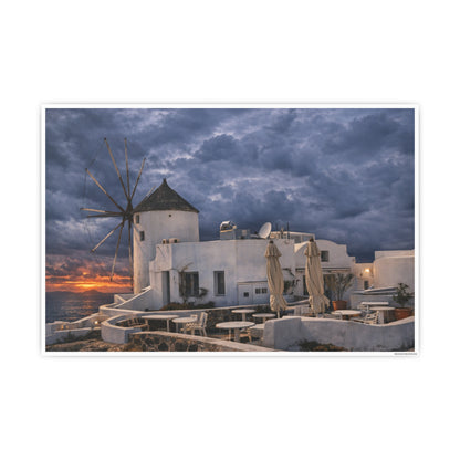 Oia Santorini Windmill Sunset Poster — Mediterranean Landscape Photo Art Print