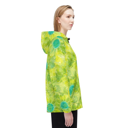 Floral Tie-Dye Windbreaker Jacket — Bright Lime Green Daisy All-Over Print