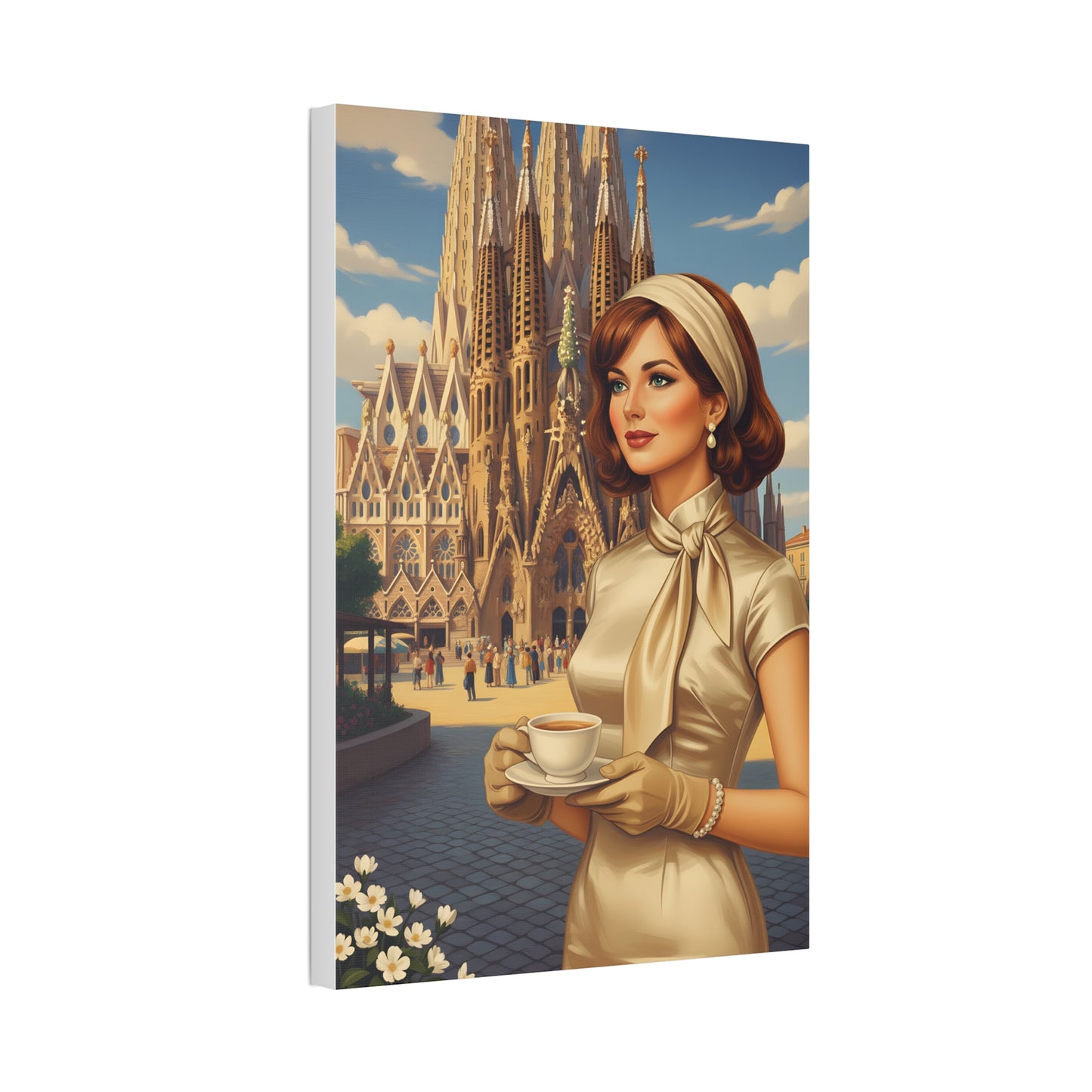 Elegant vintage woman drinking coffee in front of Sagrada Familia in Barcelona, retro fashion illustration Canvas Print - Stretched 1.5"