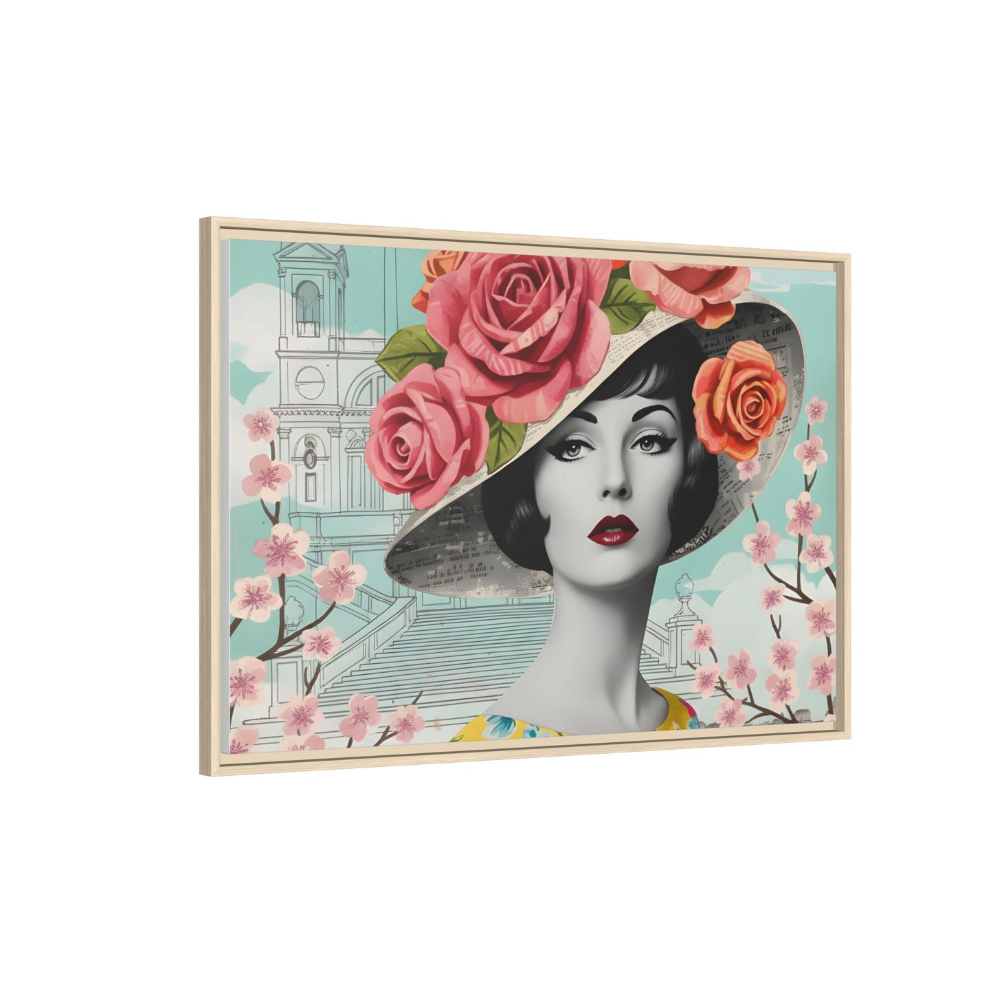 Elegant vintage pop art woman in front of Spanish Steps in Rome Canvas Print