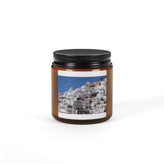 Santorini Village Photo Candle — Soy Wax Amber Jar