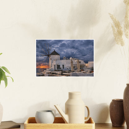 Oia Santorini Windmill Sunset Poster — Mediterranean Landscape Photo Art Print