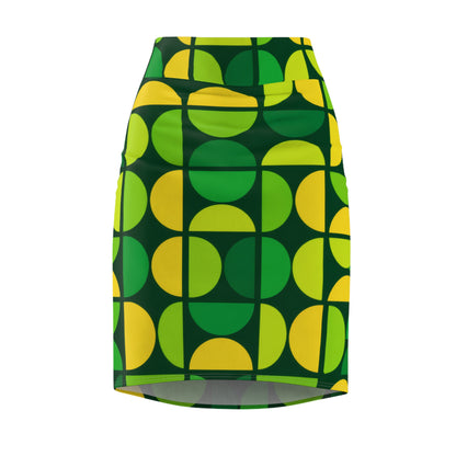 Retro Green Geometric Pencil Skirt — Vibrant Mod Pattern
