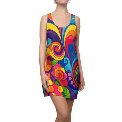 Psychedelic Floral Racerback Dress — Vibrant 70s Swirl Print