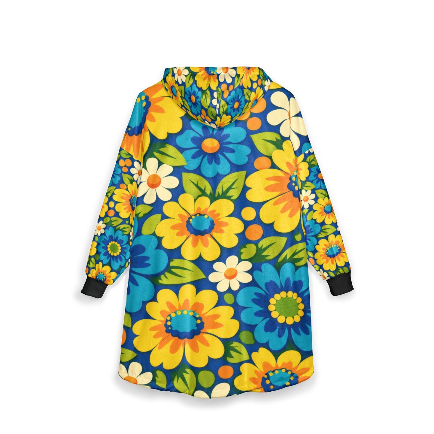 Floral Hoodie — Retro Blue & Yellow Flower Sherpa