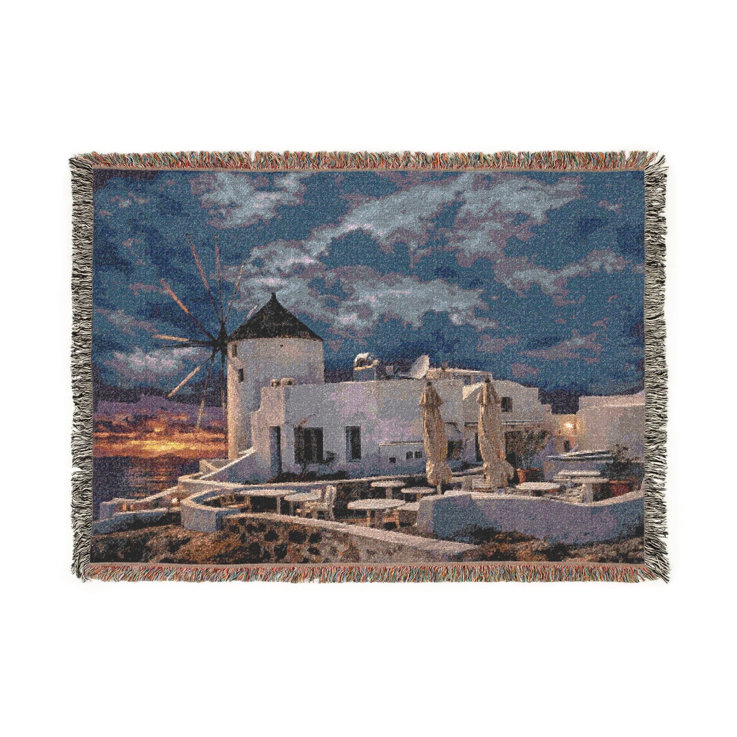 Oia Santorini Windmill Woven Blanket — Coastal Nightscape Cotton Throw