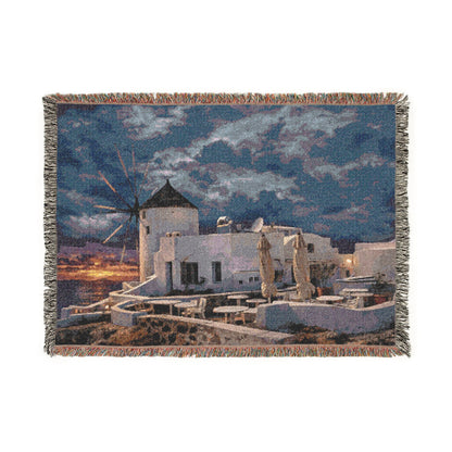 Oia Santorini Windmill Woven Blanket — Coastal Nightscape Cotton Throw