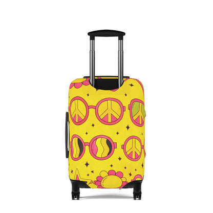 Retro Sunshine Luggage Cover – Yellow Peace Sign, Hearts & Flowers Travel Protector