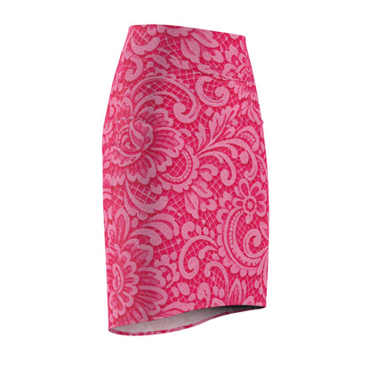 Pink Floral Lace-Print Pencil Skirt — Women's Fitted AOP
