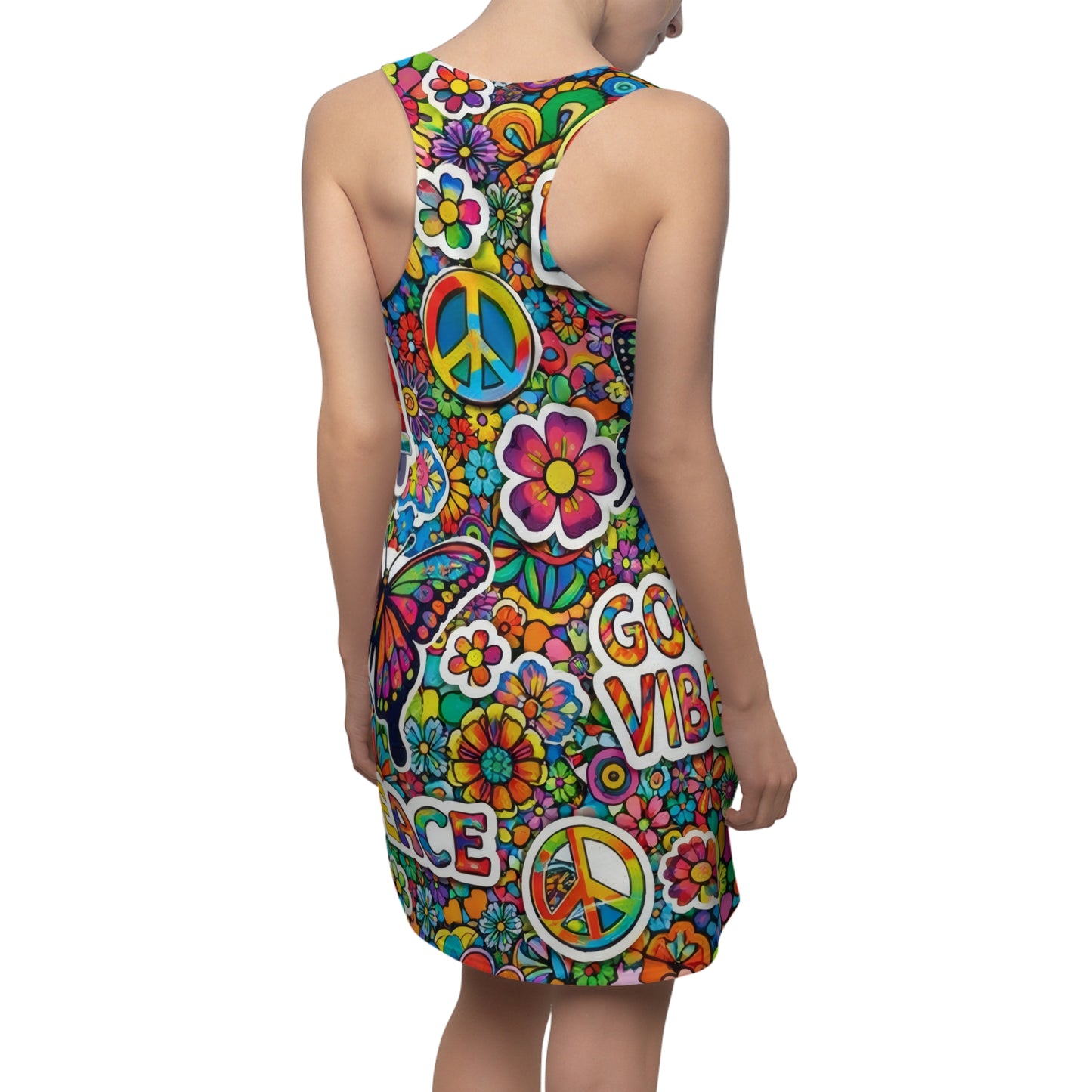 Retro 70s Peace & Love Racerback Dress — Good Vibes All-Over Print