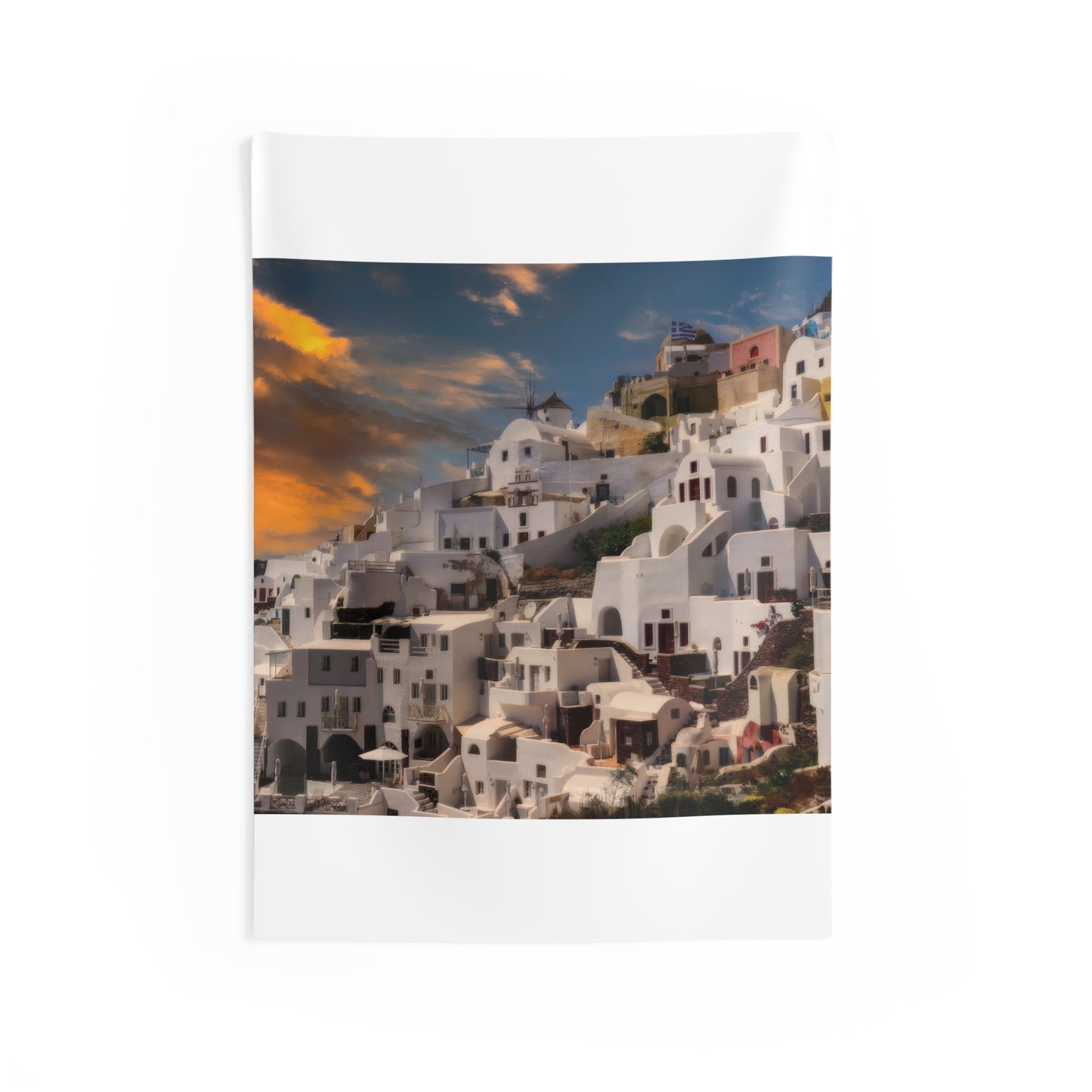 Santorini Village Sunset Indoor Wall Tapestry | Greek Island Landscape