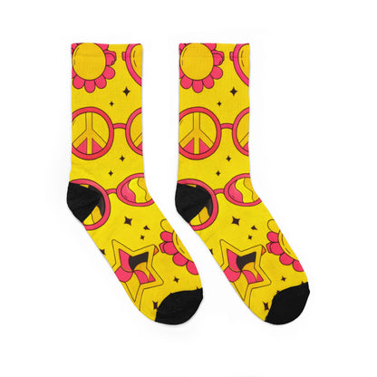 Retro Peace & Heart Pattern Crew Socks — Yellow Funky 70s Vibe