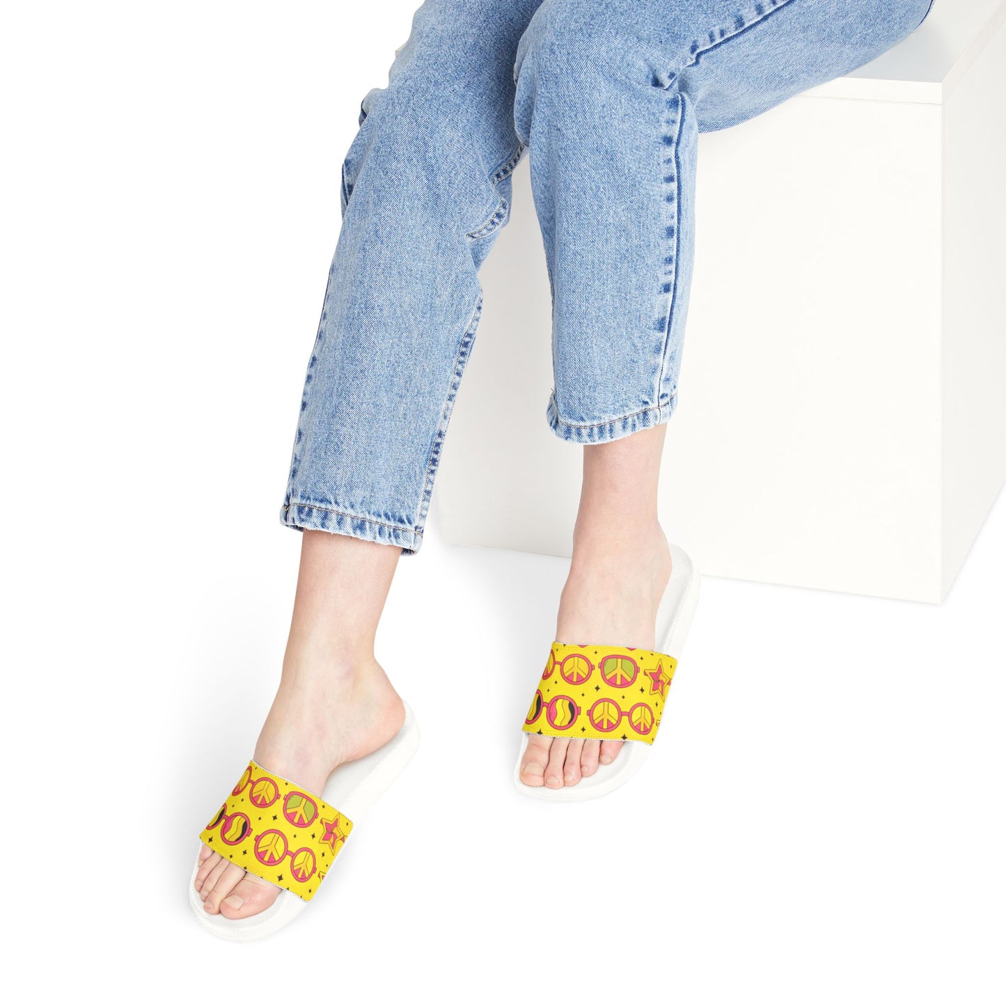 Women's Yellow Floral Removable-Strip Slide Sandals — Adjustable Strap Summer Sliders