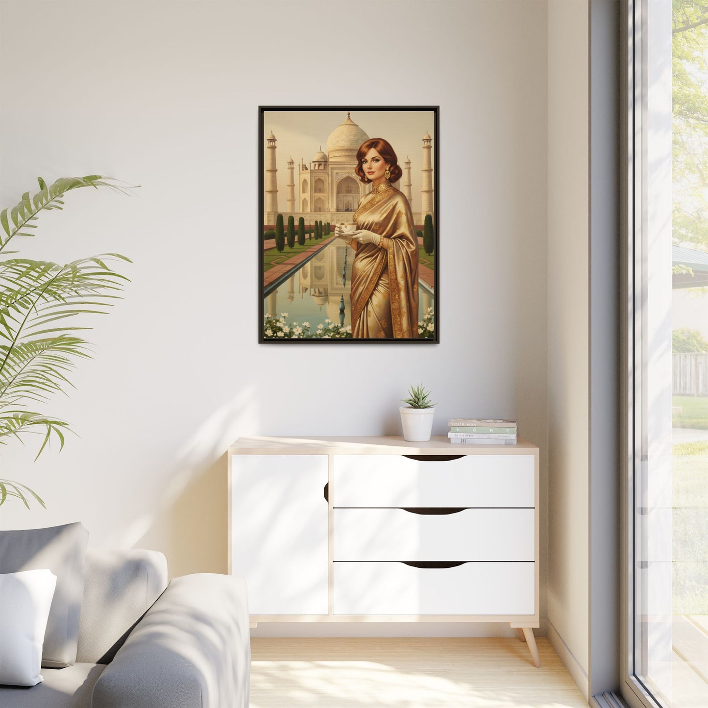 Taj Mahal Woman Portrait Matte Canvas — Framed Vintage Indian Travel Art