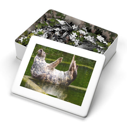Funny Seal Yoga Jigsaw Puzzle in Tin Box, Relaxed Harbor Seal Game, Cute Marine Life Gift, Quirky Wildlife Puzzle