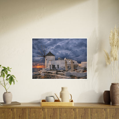 Oia Santorini Windmill Sunset Poster — Mediterranean Landscape Photo Art Print