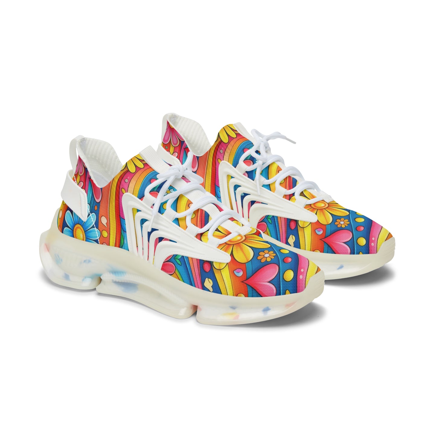 Mesh Sneakers — Colorful Retro Floral Heart Pattern