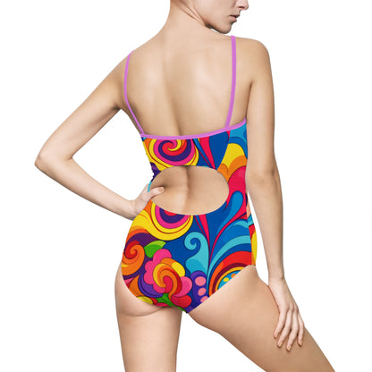 Women's Psychedelic Floral One-Piece Swimsuit - Bright Retro Swimwear