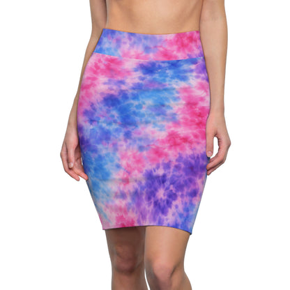 Tie-Dye Pastel Pencil Skirt — Pink Blue Purple All-Over Print