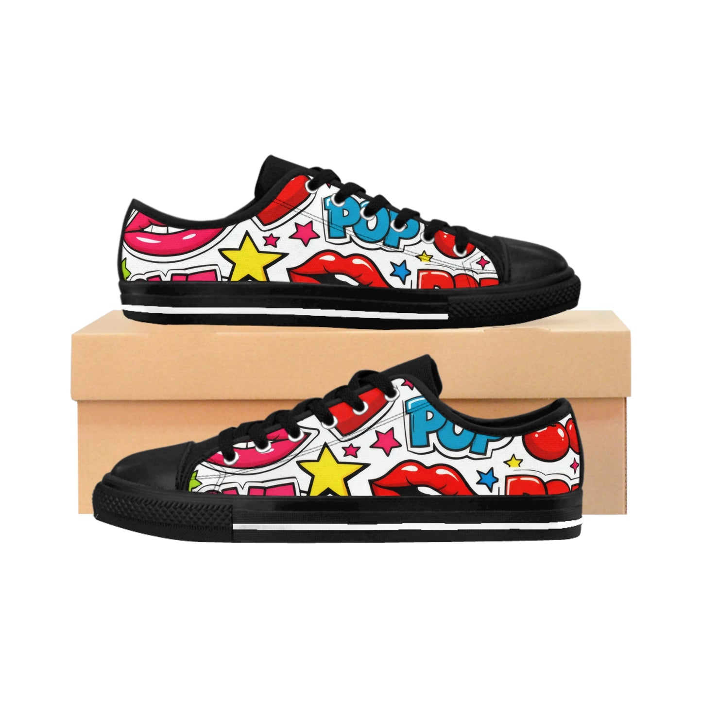 Pop Love Women's Sneakers — Colorful Retro Lip & Hearts Graphic Shoes