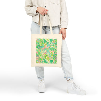 Green Paisley Canvas Tote Bag — Retro Floral Eco Shopping Tote