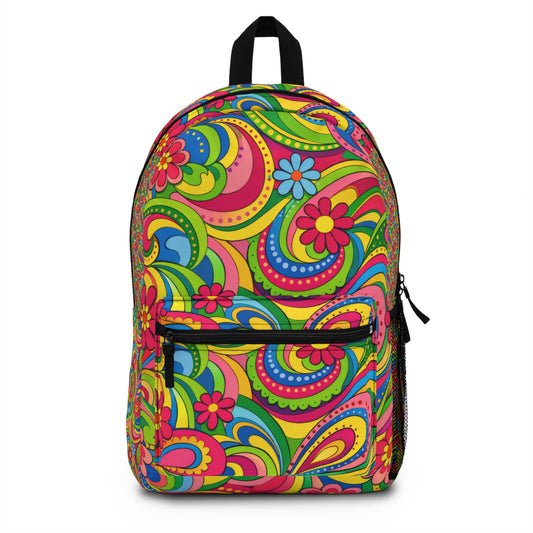 Psychedelic Paisley Backpack — Bright Floral Retro Daypack