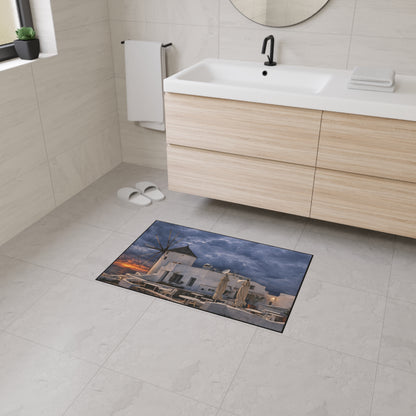 Oia Santorini Windmill Floor Mat — Mediterranean Coastal Sunset Home Decor
