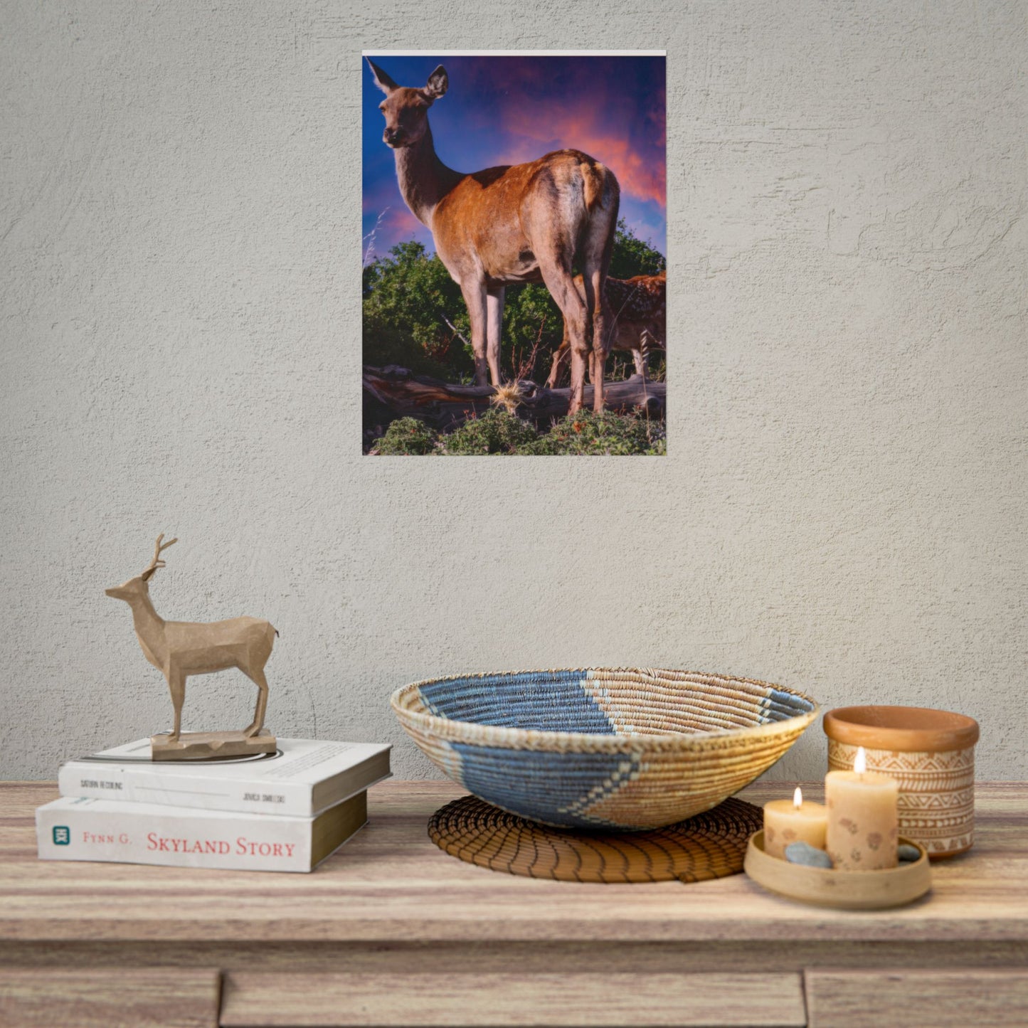Majestic Deer Sunset Poster, Wild Doe and Fawn Nature Art, Purple Sky Wildlife Photography, Aesthetic Forest Wall Decor
