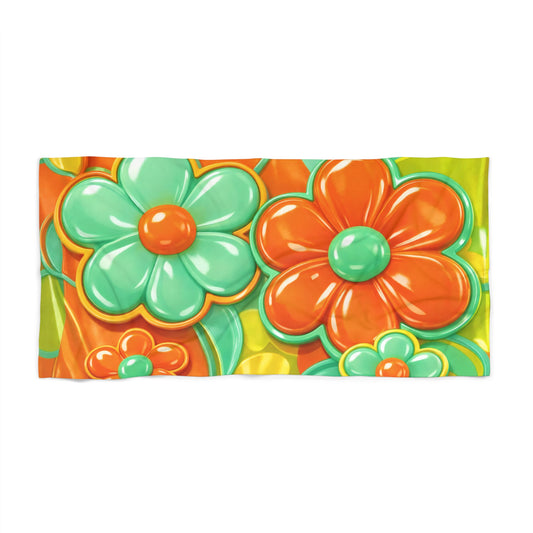 Retro Floral Pattern Beach Towel | Orange Teal Flower Design