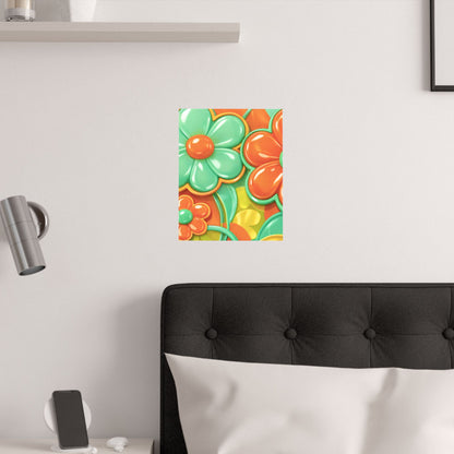 Retro Orange Teal Flower Pattern Poster | Satin Poster