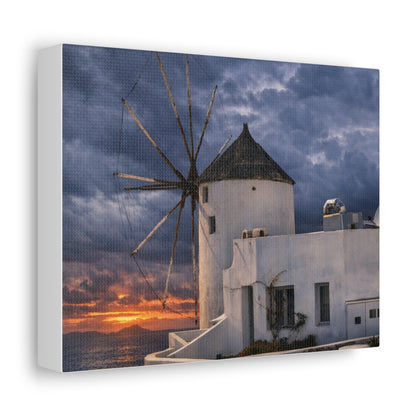 Santorini Windmill Coastal Sunset Stretched Canvas | Greek Island Seascape
