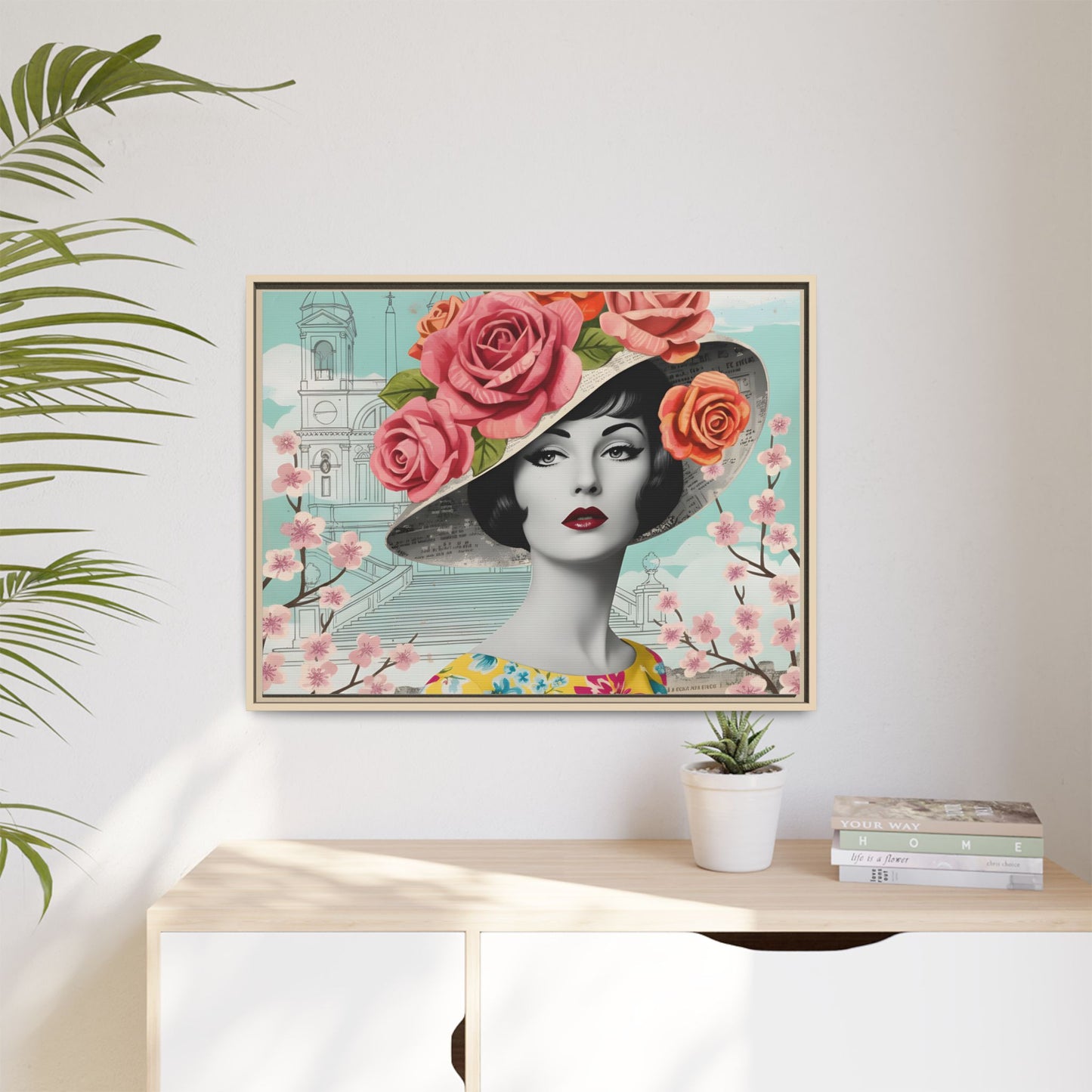 Elegant vintage pop art woman in front of Spanish Steps in Rome Canvas Print