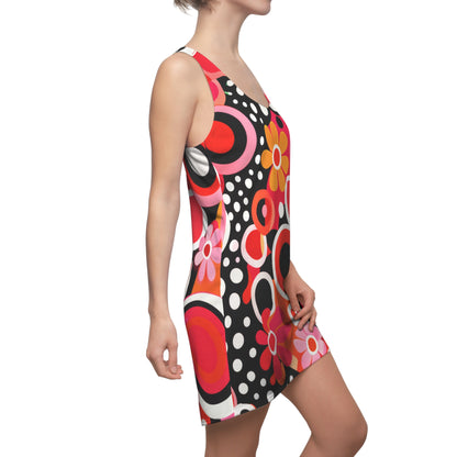 Retro Floral Racerback Dress — Pink & Red Mod Circles Print