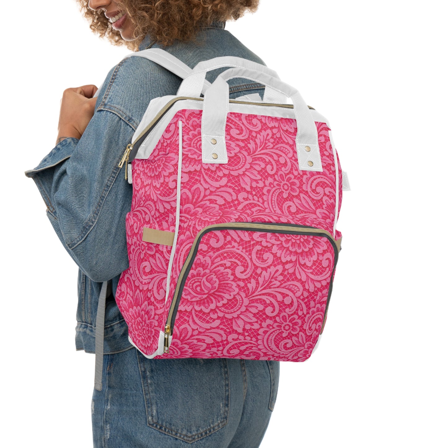 Pink Floral Diaper Backpack - Multifunctional Baby Nappy Bag with Large Pockets