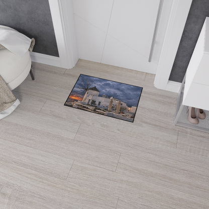 Oia Santorini Windmill Floor Mat — Mediterranean Coastal Sunset Home Decor